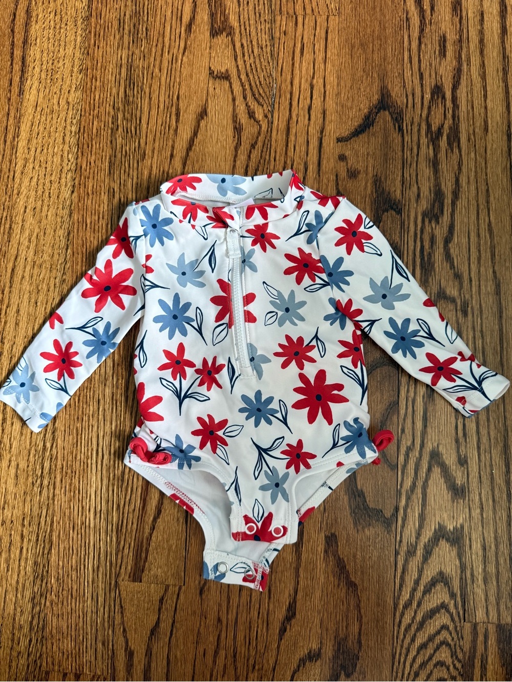 Carter's White Long-Sleeve Floral Swim One-Piece - Red & Blue